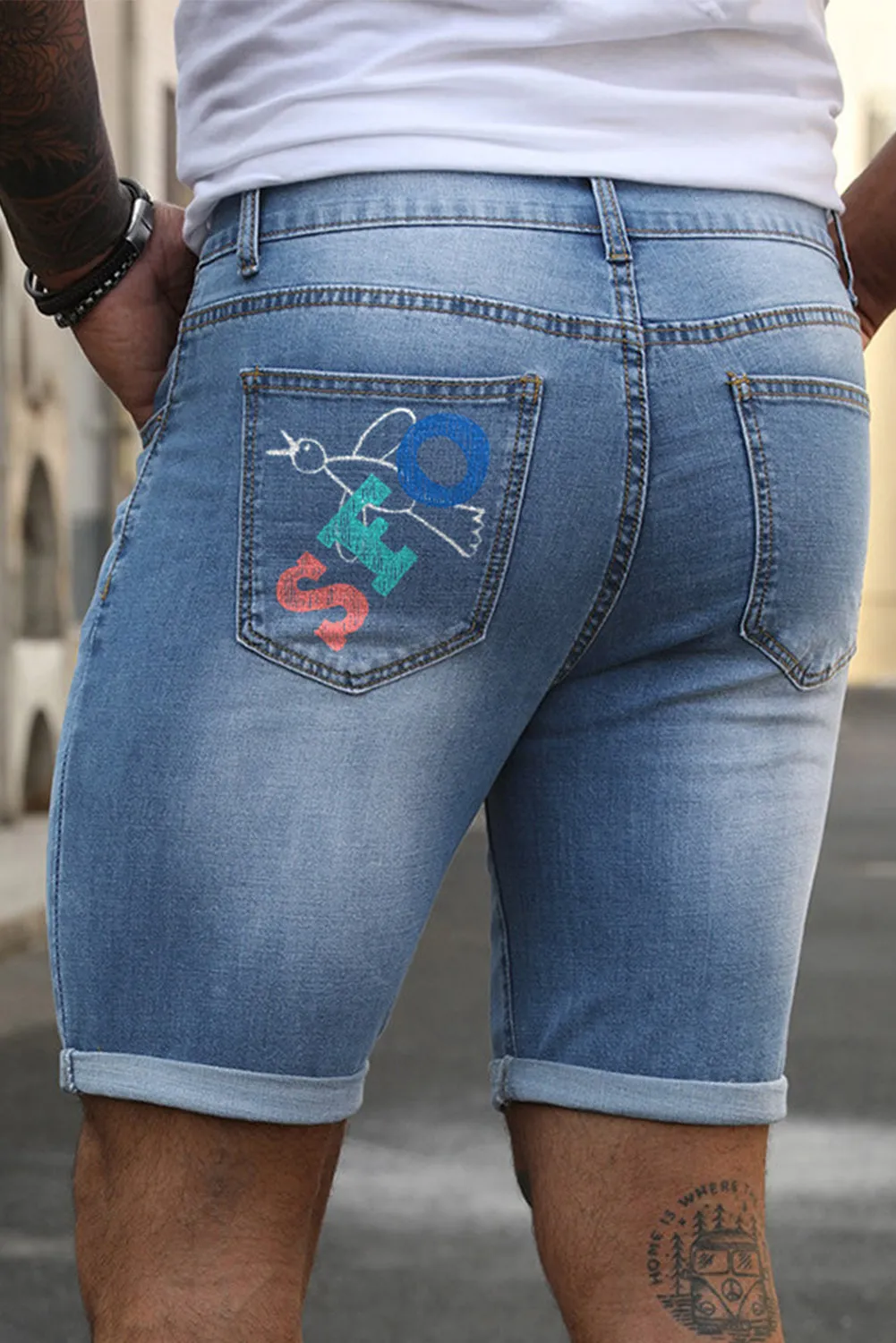 Sky Blue Letters Graphic Print Skinny Fit Distressed Men's Denim Shorts