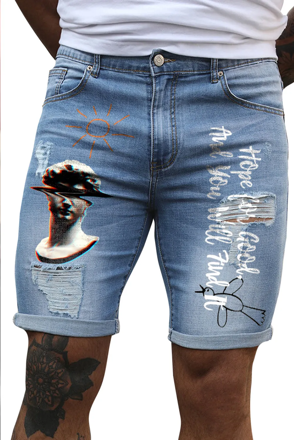 Sky Blue Letters Graphic Print Skinny Fit Distressed Men's Denim Shorts
