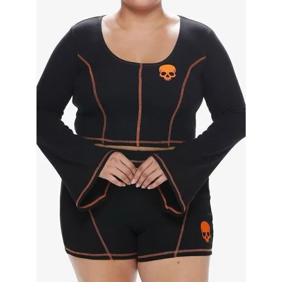 Social Collision Black &amp; Orange Stitch Skull Bell Sleeve Girls Top and Bike Shor