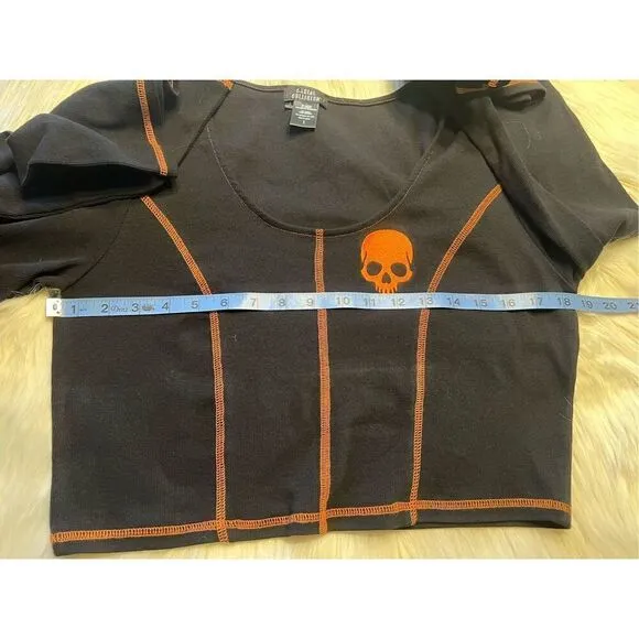 Social Collision Black &amp; Orange Stitch Skull Bell Sleeve Girls Top and Bike Shor