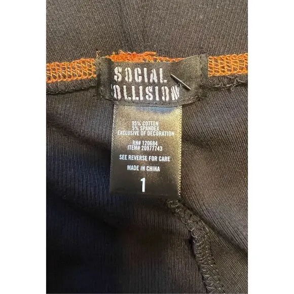 Social Collision Black &amp; Orange Stitch Skull Bell Sleeve Girls Top and Bike Shor