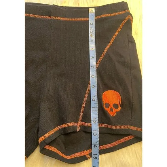 Social Collision Black &amp; Orange Stitch Skull Bell Sleeve Girls Top and Bike Shor