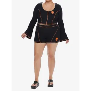 Social Collision Black &amp; Orange Stitch Skull Bell Sleeve Girls Top and Bike Shor
