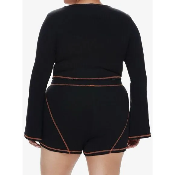 Social Collision Black &amp; Orange Stitch Skull Bell Sleeve Girls Top and Bike Shor