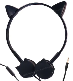 Toyshine Cat Design Headphone, Stereo with Mic Earphone, Stylish Headphones for Girls/Boys 3.5mm Jack On Ear Wired- Black