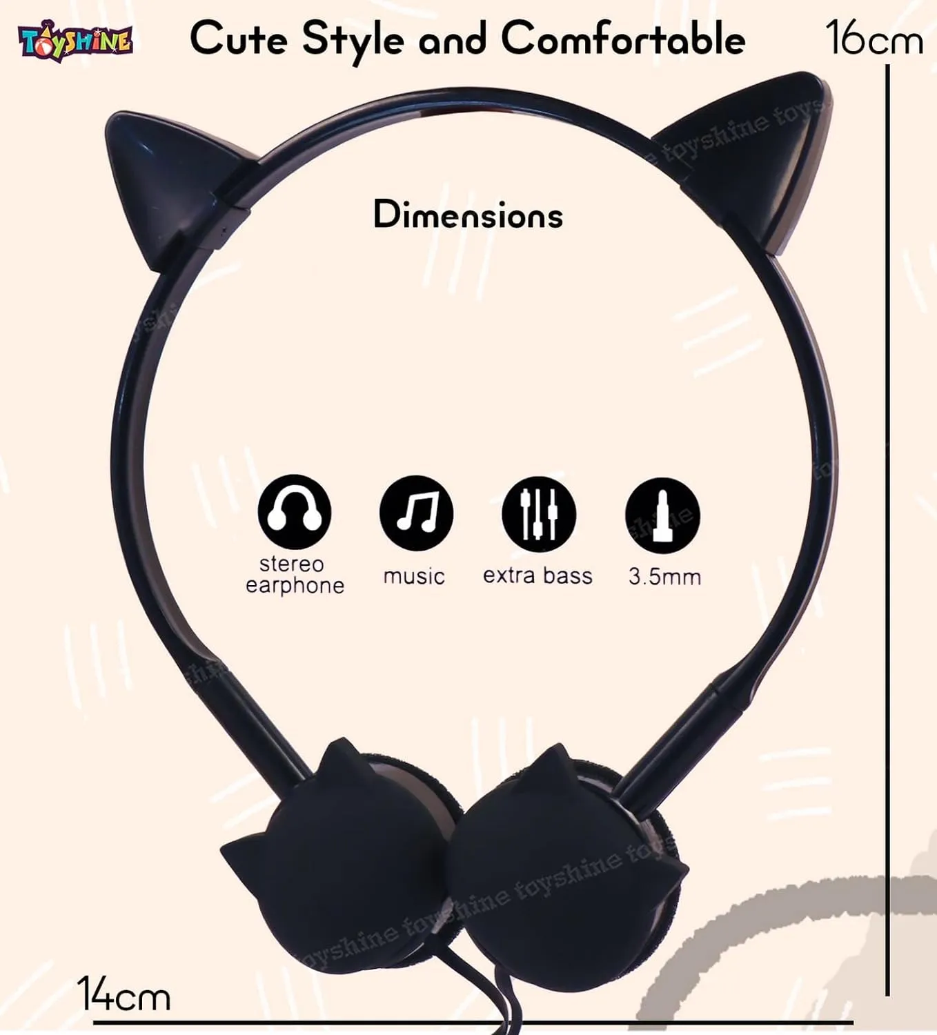 Toyshine Cat Design Headphone, Stereo with Mic Earphone, Stylish Headphones for Girls/Boys 3.5mm Jack On Ear Wired- Black