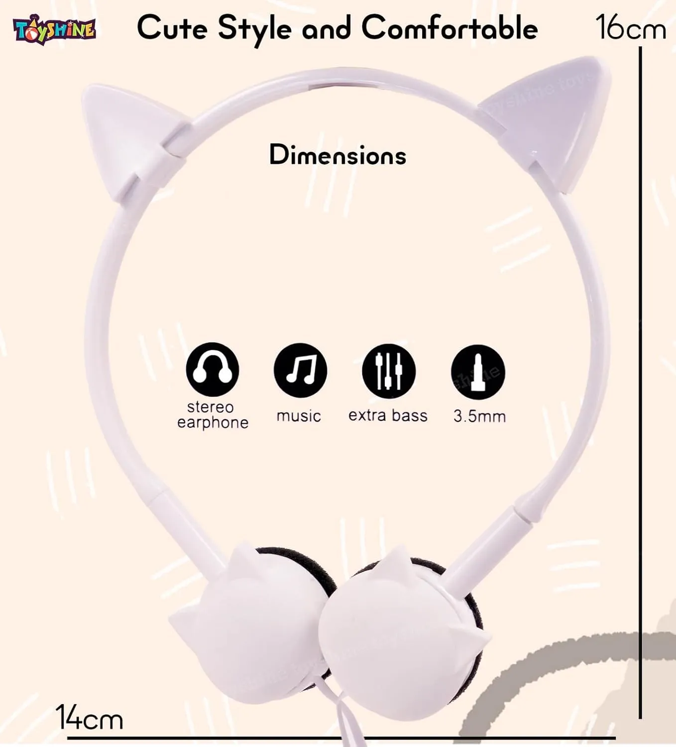 Toyshine Cat Design Headphone, Stereo with Mic Earphone, Stylish Headphones for Girls/Boys 3.5mm Jack On Ear Wired- White