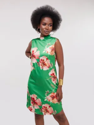 Vivo Thando Mock Neck Shift Dress - Green Floral Print
