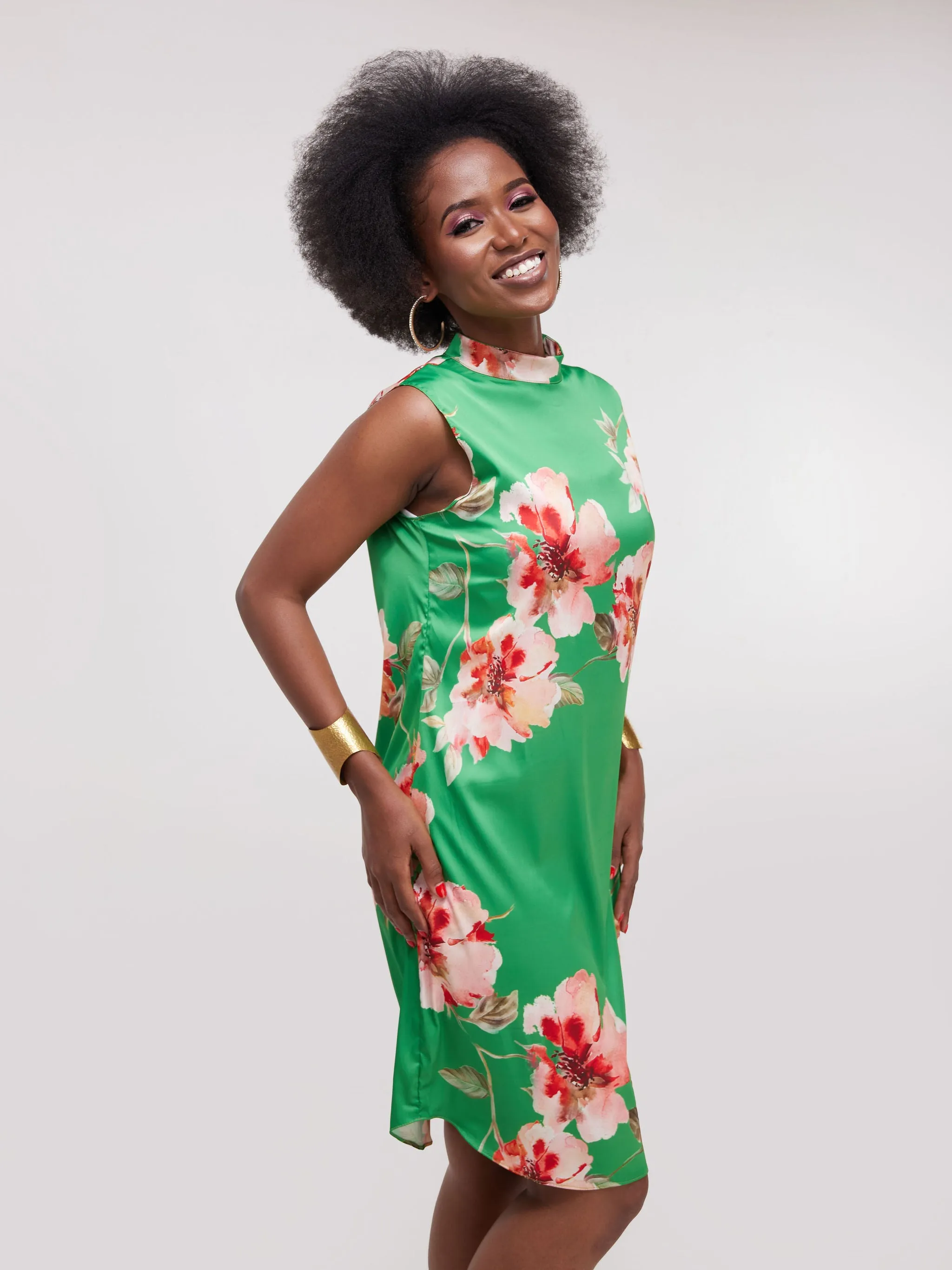 Vivo Thando Mock Neck Shift Dress - Green Floral Print